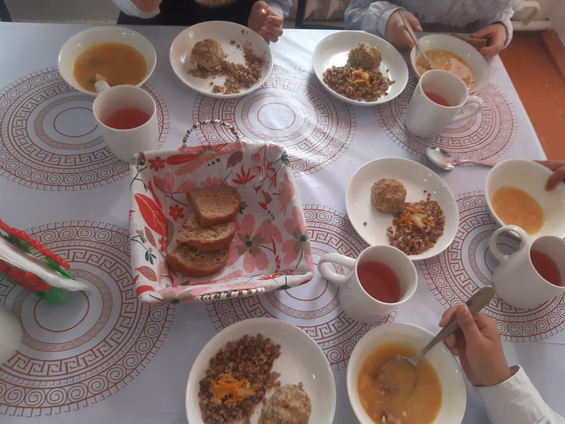 Ыстық тамақпен  қамтылған оқушылардың тамақтануы