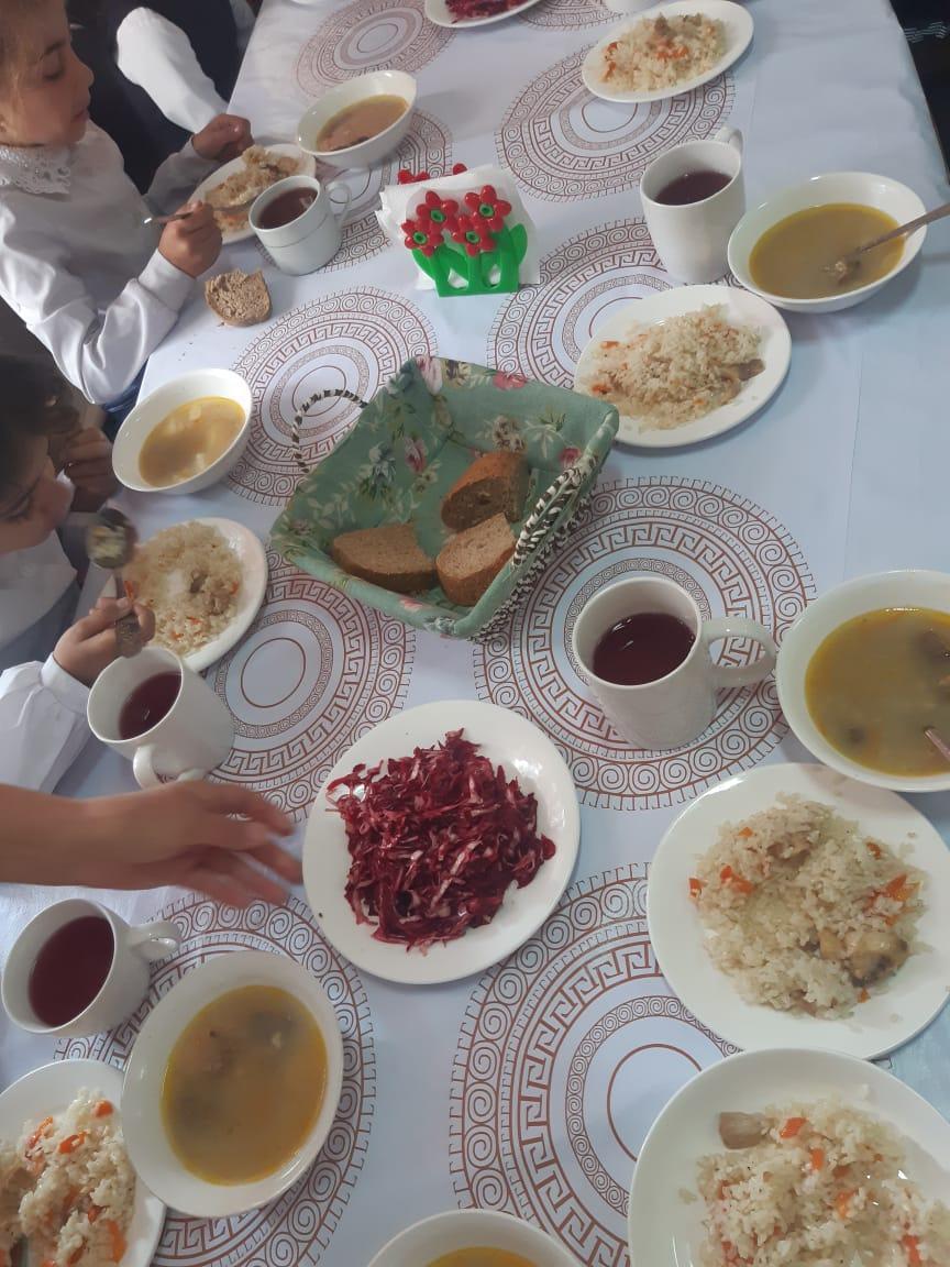 Ыстық тамақпен қамтылған оқушылардың тамақтануы